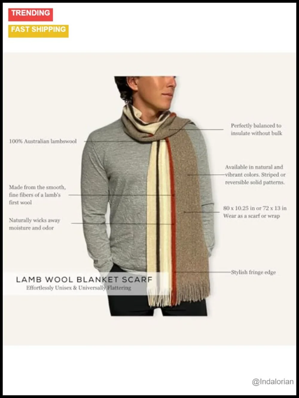100% Lambswool Scarf 72x13 Shawl Wrap Unisex Winter